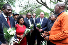 Mandla Mandela receiving Sports and Recreation Minister Fikile Mbalula, Arts and Culture Minister Paul Mashatile and Deputy Minister Gert Oosthuysen accompanied by individuals from sporting codes at Nelson Mandela's house in Houghton