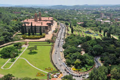 An aerial view of the Union Buildings where for President Nelson Mandela's body is lying in state with people queuing to view